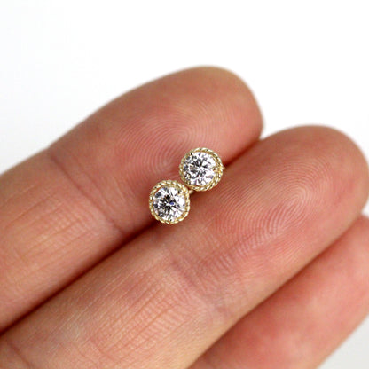 14K Antique Lab Diamond Stud Gold Earrings