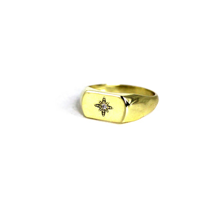 18K Natural Diamond Polaris Star Signet Gold Ring