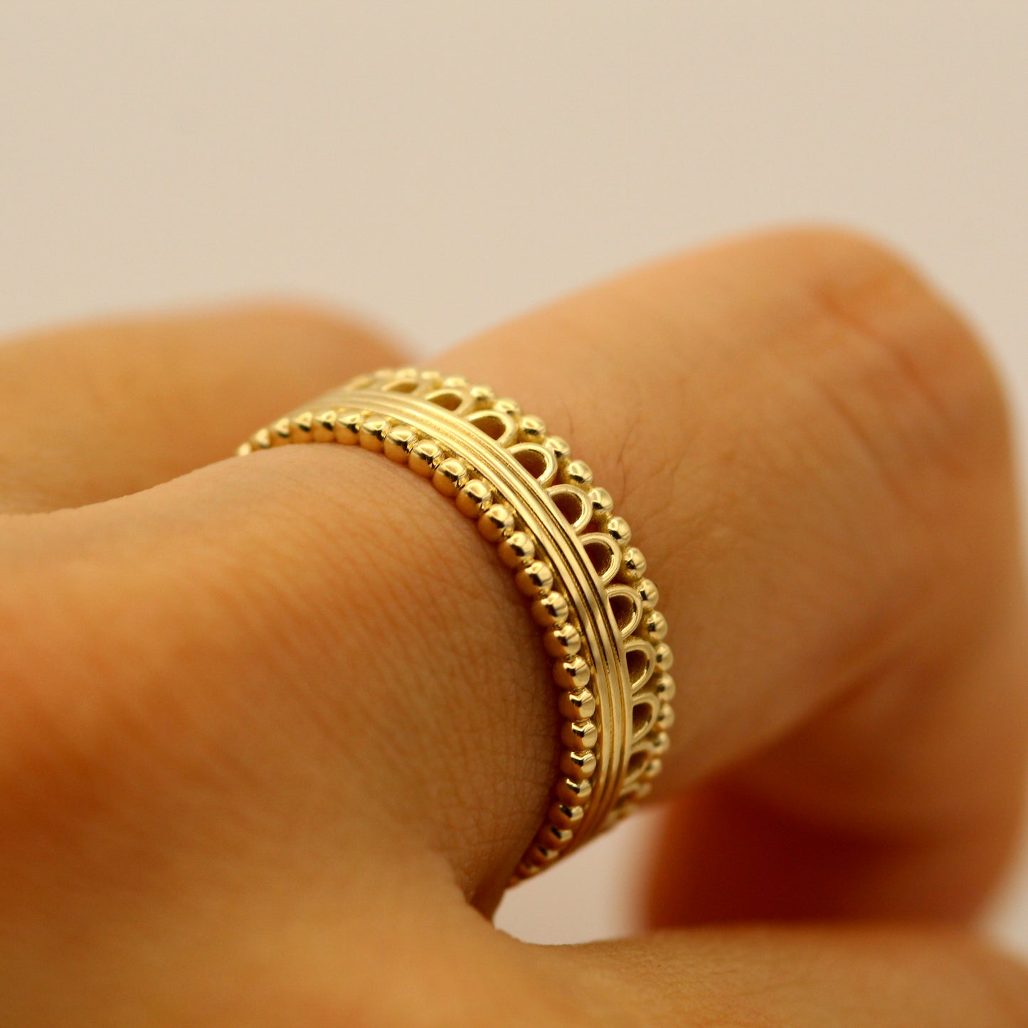 Discover the elegance of our 24k Antique Lace Pattern Gold Ring, an heirloom-quality piece that blends intricate craftsmanship with luxurious 24k gold