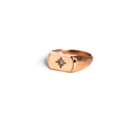 18K Natural Diamond Polaris Star Signet Gold Ring