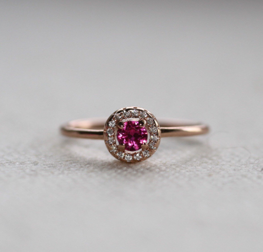 14k Gold Ruby with Diamond Halo Engagement Ring – VicStone.NYC