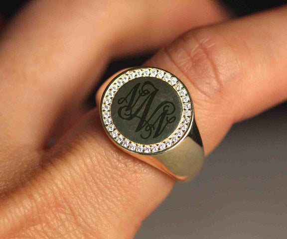 Cubic Zirconia Engraving Signet Ring | VicStone.NYC