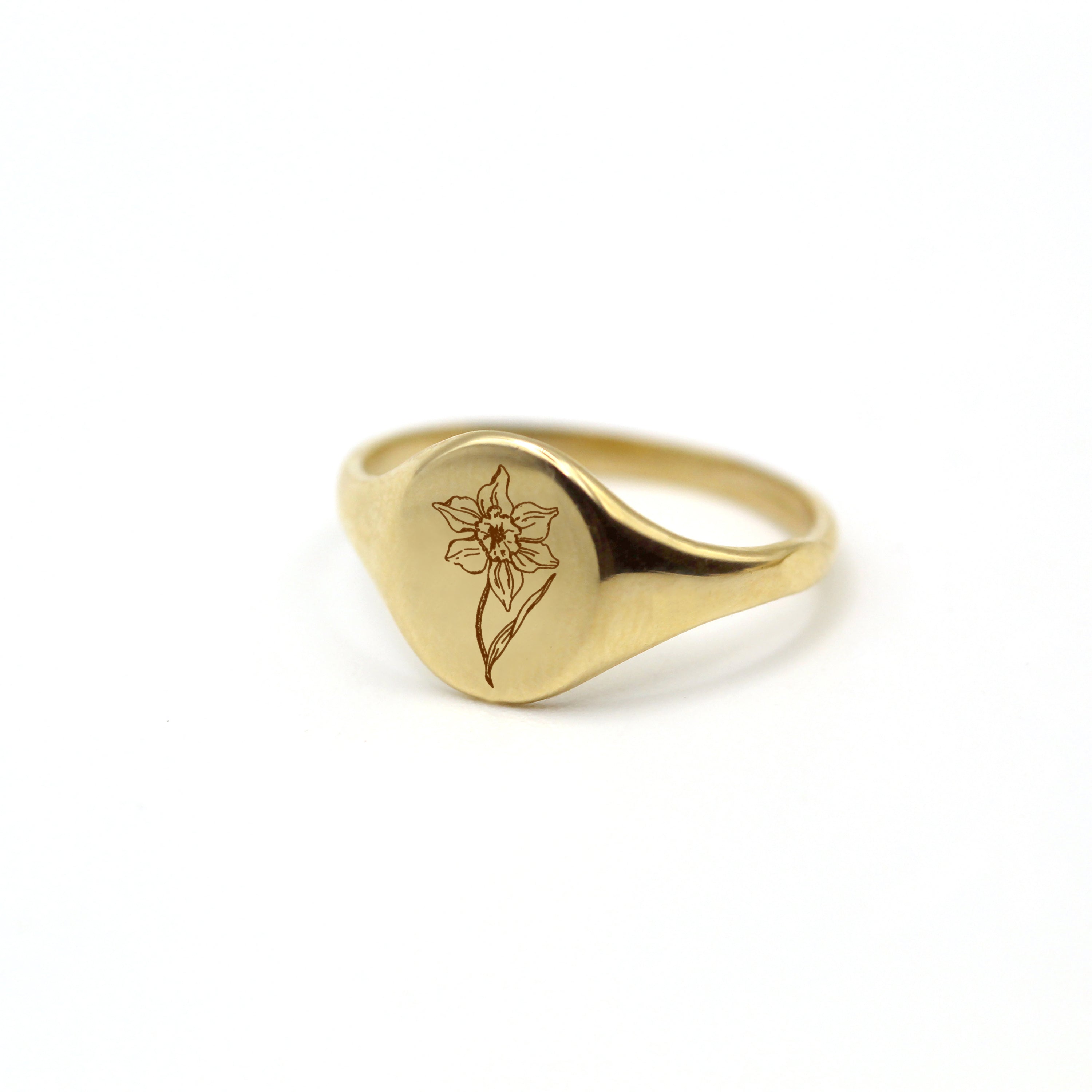 March Daffodil Flower 14k Gold Signet Ring | VicStone.NYC