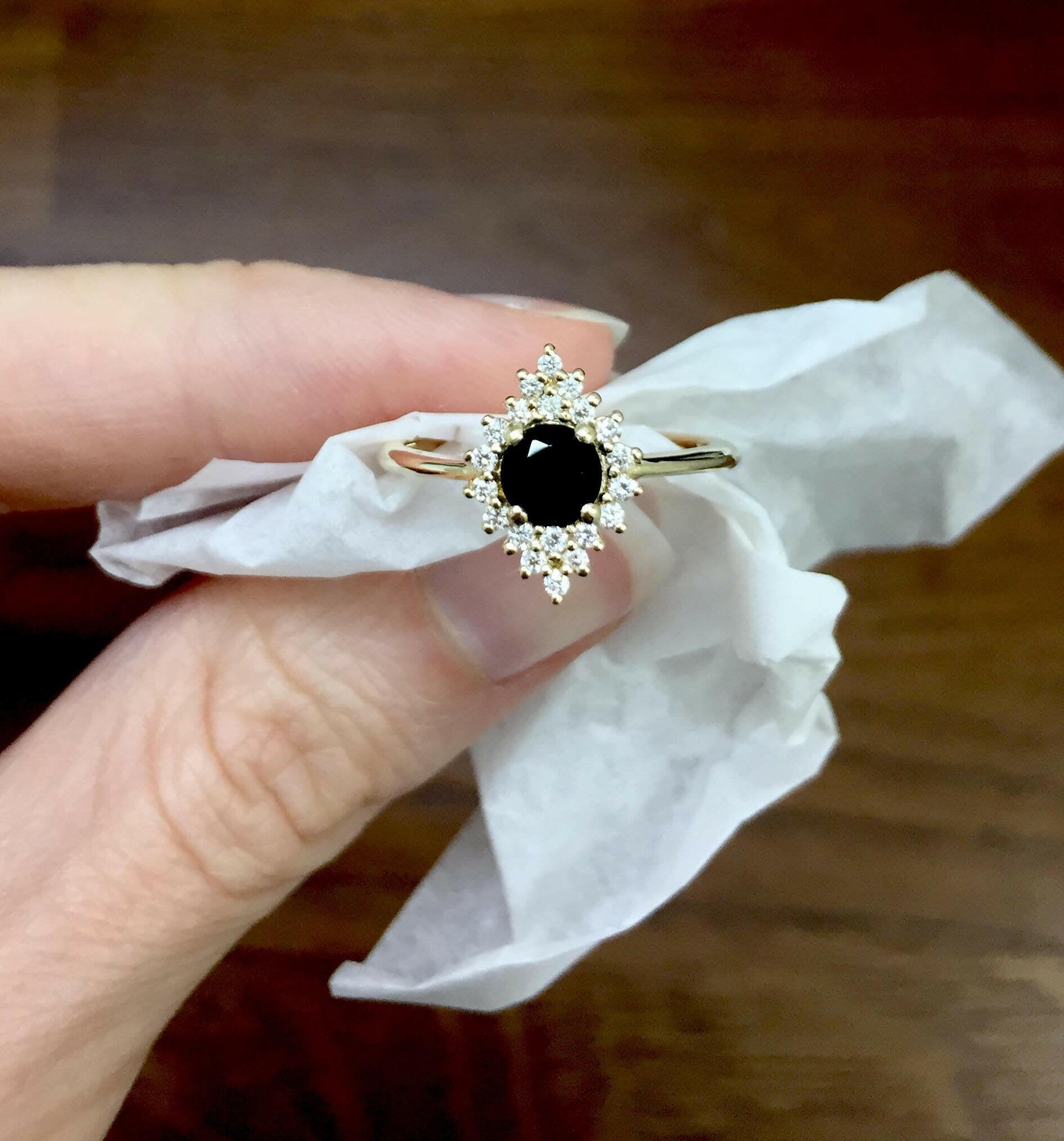 Unique Design Black Diamond Engagement Ring in 14k Gold.