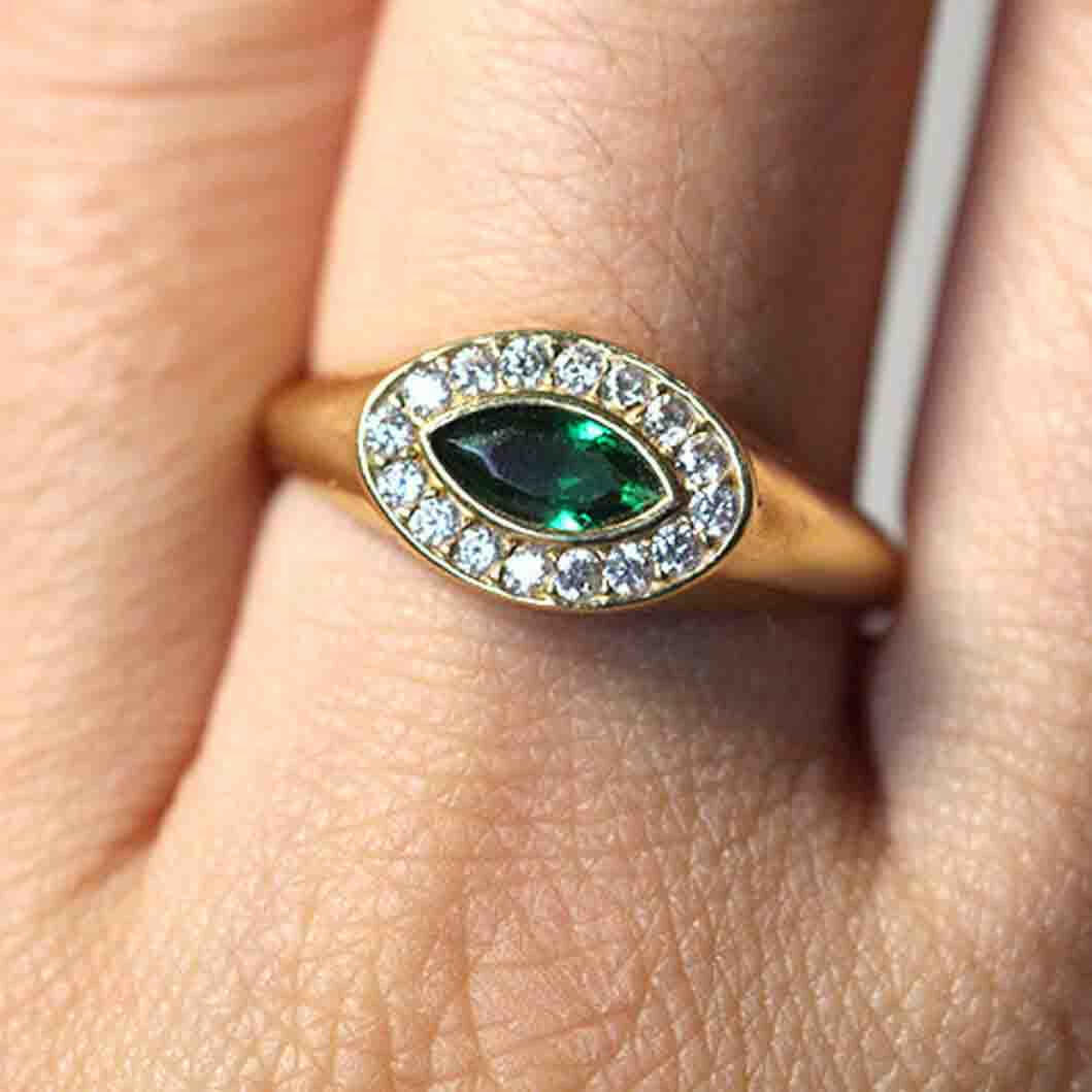 18k Natural Emerald with Diamond Evil Eye Bold Ring.